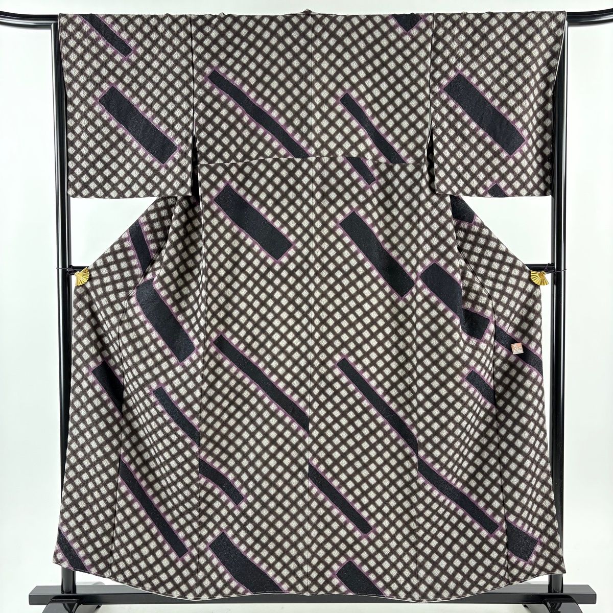 小紋 身丈157 5 cm 裄丈67 M 袷 樋熊哲也 落款 斜め格子 幾何学模様 銀通し 絞り 焦茶色 正絹