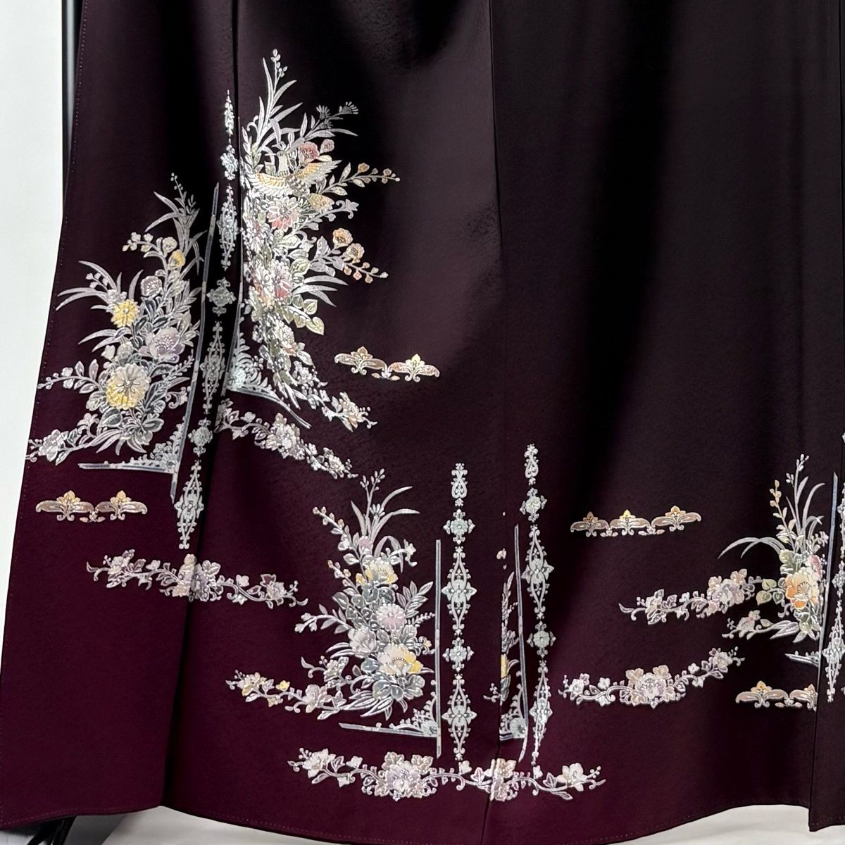 付下げ 身丈167 cm 裄丈72 L 袷 和田光正 落款 花鳥 花唐草 金銀彩 ぼかし 茶紫 正絹