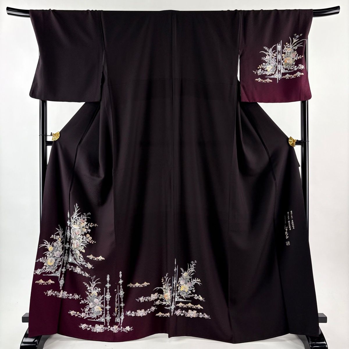 付下げ 身丈167 cm 裄丈72 L 袷 和田光正 落款 花鳥 花唐草 金銀彩 ぼかし 茶紫 正絹