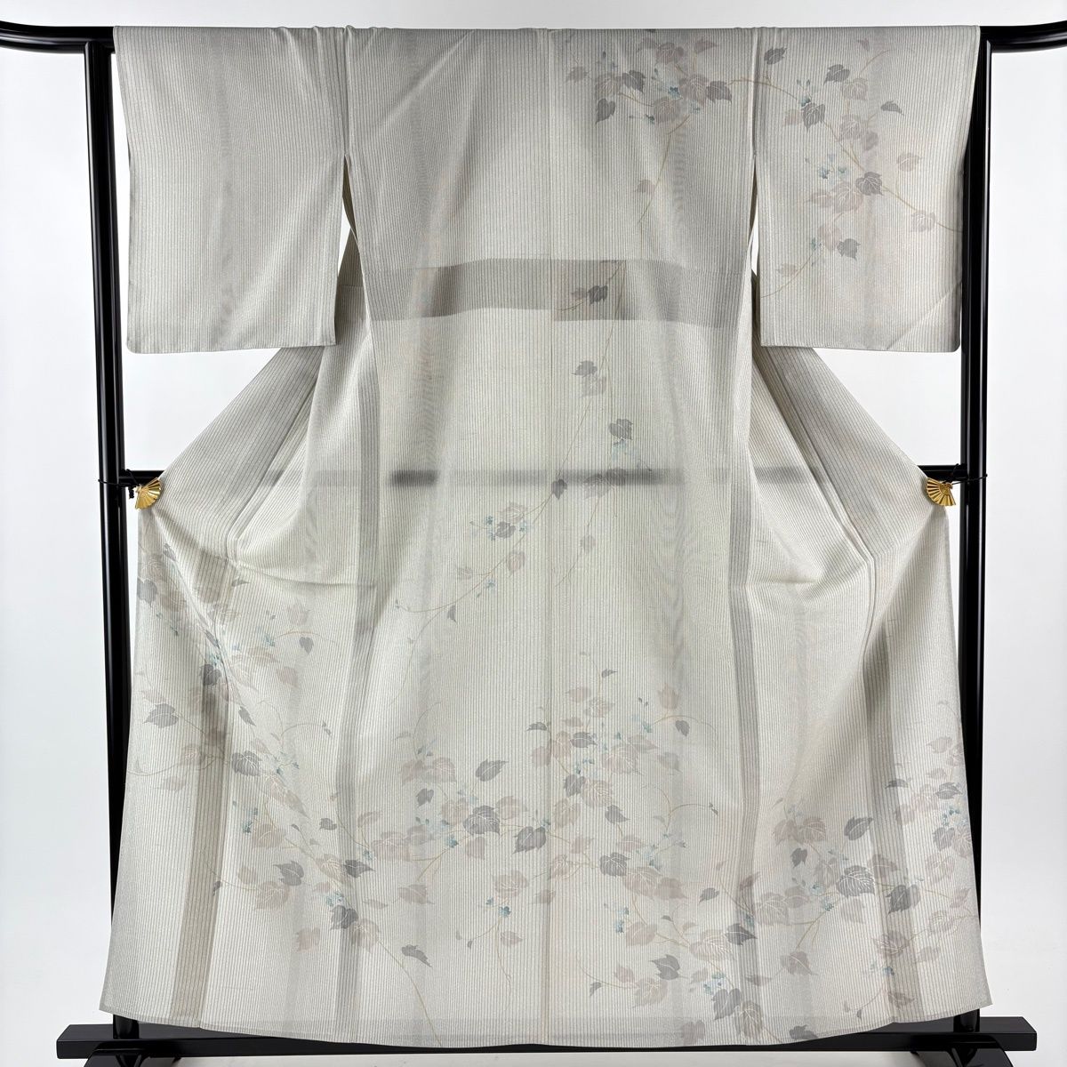 訪問着 身丈159 cm 裄丈63 5 S 薄物 小千谷紬地 証紙 蔦 縞 灰緑 正絹