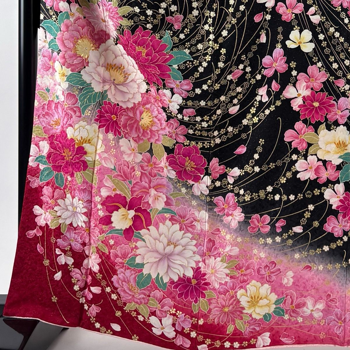 振袖 身丈163.5 cm 裄丈64 M 袷 牡丹 草花 銀通し ラインストーン 黒 正絹