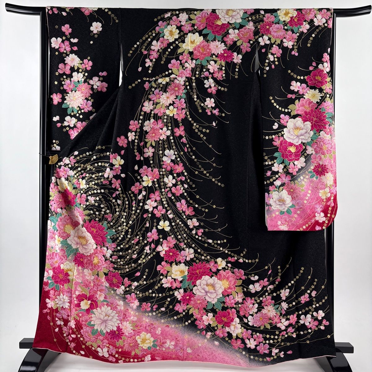 振袖 身丈163.5 cm 裄丈64 M 袷 牡丹 草花 銀通し ラインストーン 黒 正絹