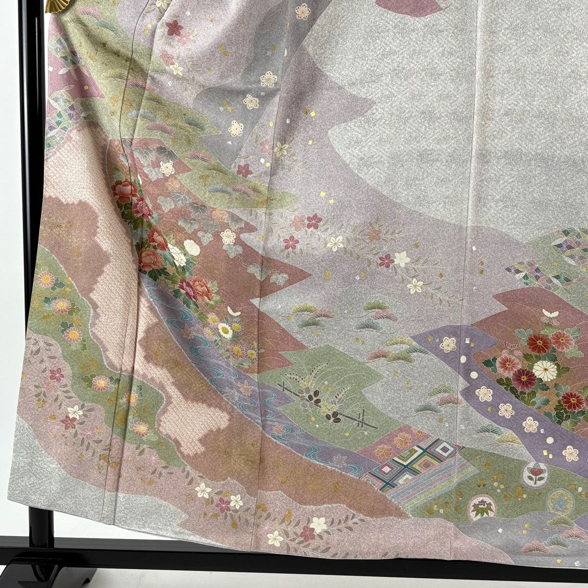 訪問着 身丈158 cm 裄丈64 M 袷 松井青々 落款 草花 流水 絞り 刺繍 灰色 正絹