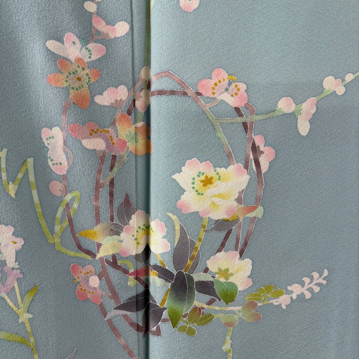  訪問着 身丈174 cm 裄丈71 5 L 袷 百貫石峰 落款 枝花 梅 ぼかし 灰緑 正絹 訪問着 付け下げ 着物