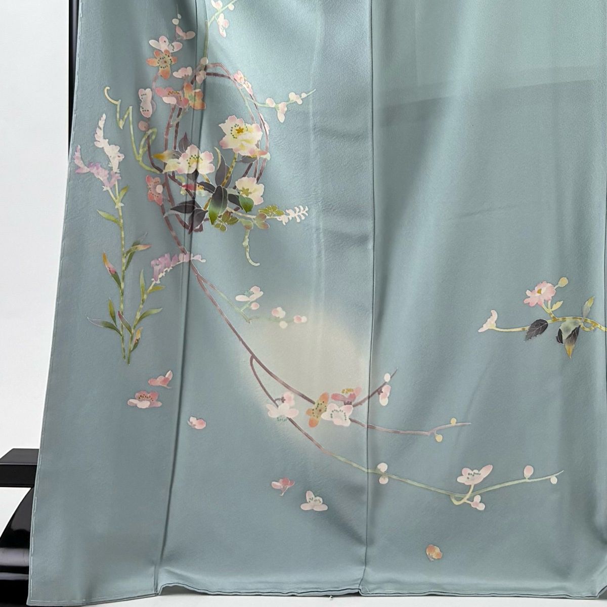 訪問着 身丈174 cm 裄丈71.5 L 袷 百貫石峰 落款 枝花 梅 ぼかし 灰緑 正絹