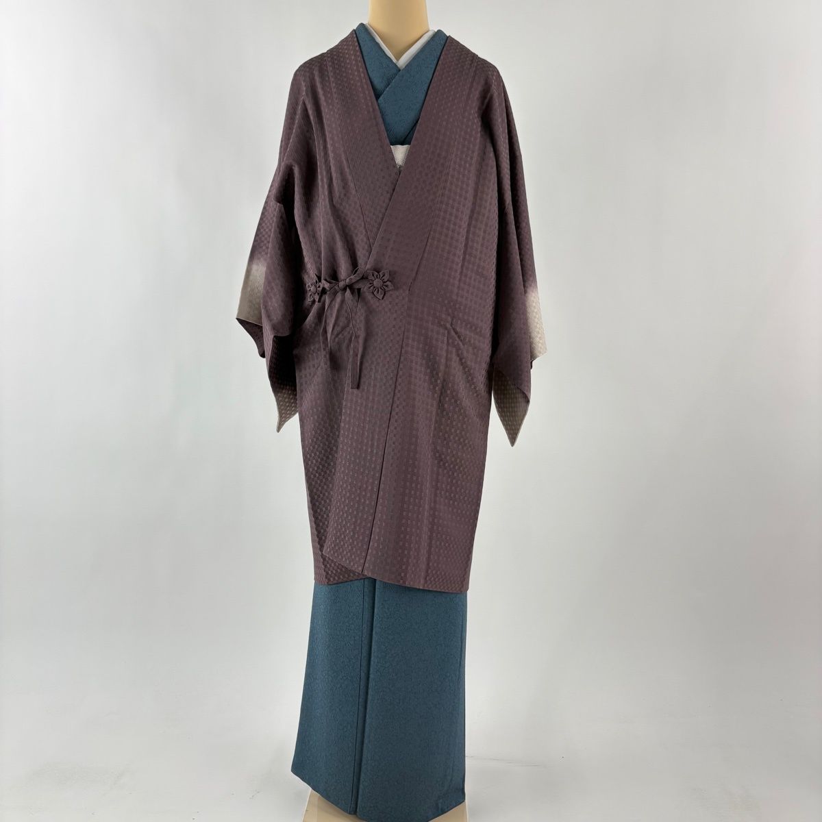 道中着 身丈100 cm 裄丈63.5 S 和装コート ストール付き 落款あり 地紋 染分け 小豆色 正絹