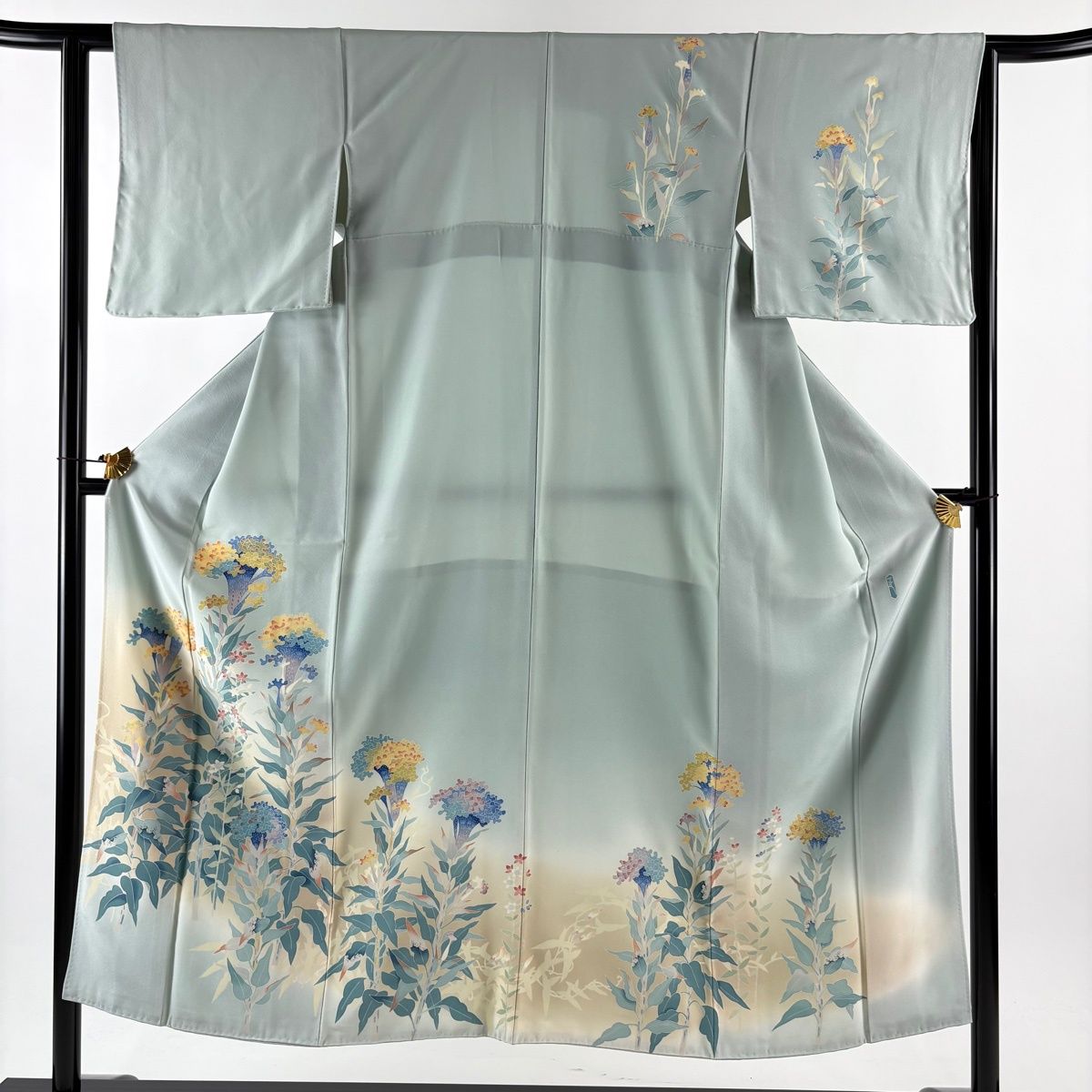 訪問着 身丈150 cm 裄丈62 S 袷 押田正義 落款 草花 ぼかし 灰緑 正絹