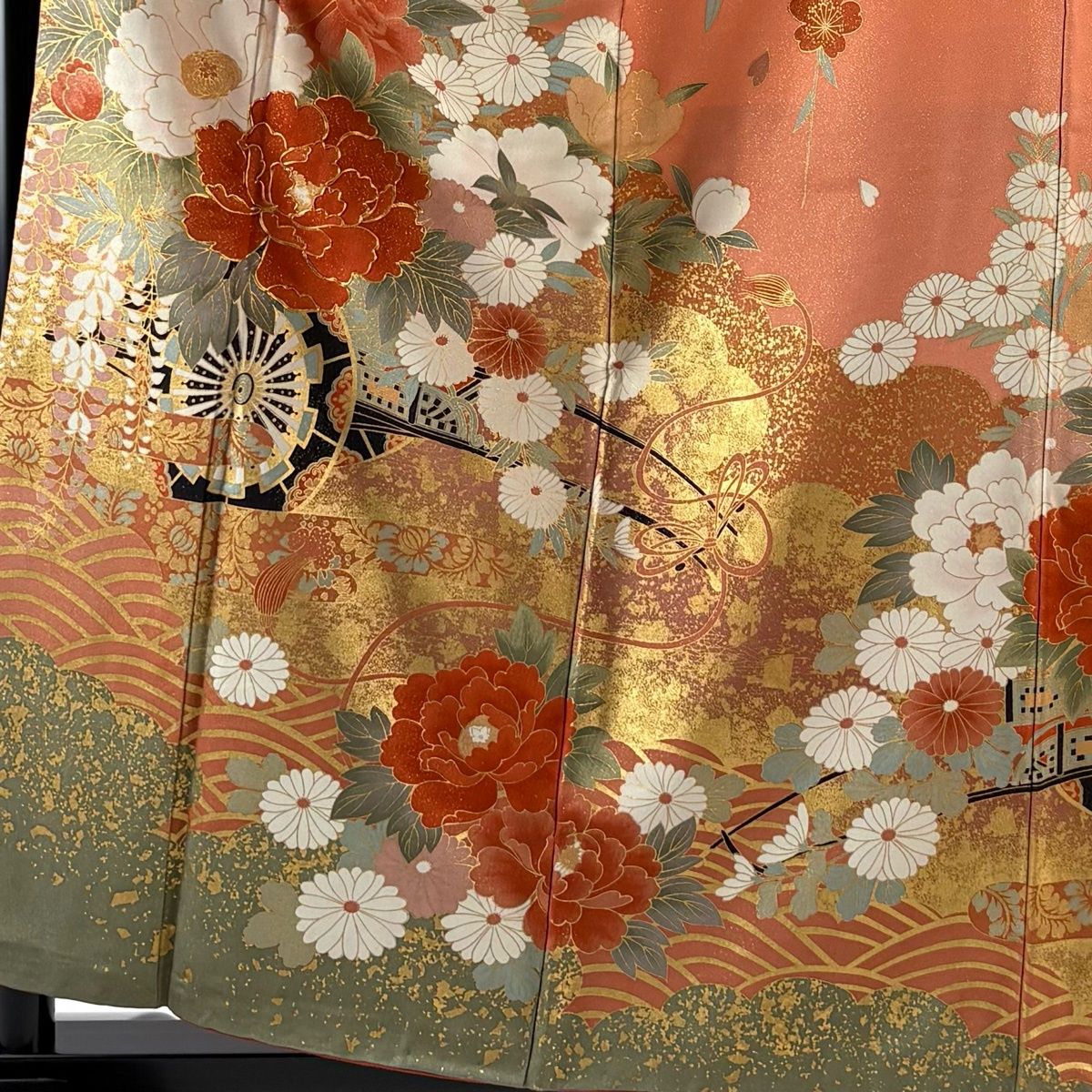 振袖 身丈160 cm 裄丈64 M 袷 花車 波 金糸 金彩 サーモンピンク 正絹