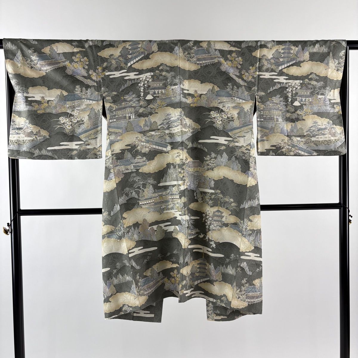 道中着 身丈106 5 cm 裄丈66 M 和装コート 家屋 雲文 灰緑 正絹