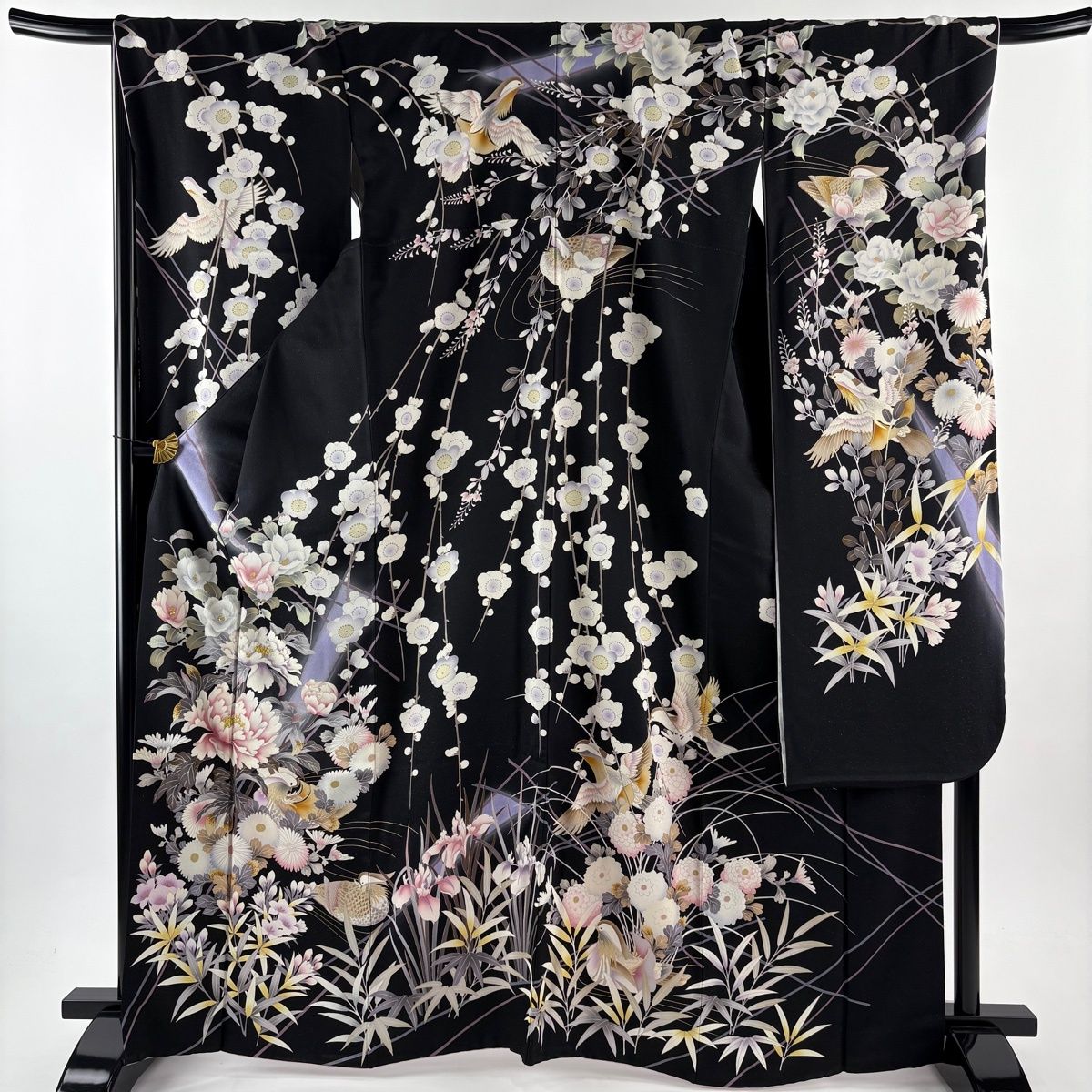 振袖 身丈167 cm 裄丈69 L 袷 小寺義一 落款 鴛鴦 草花 金通し 箔 黒 正絹