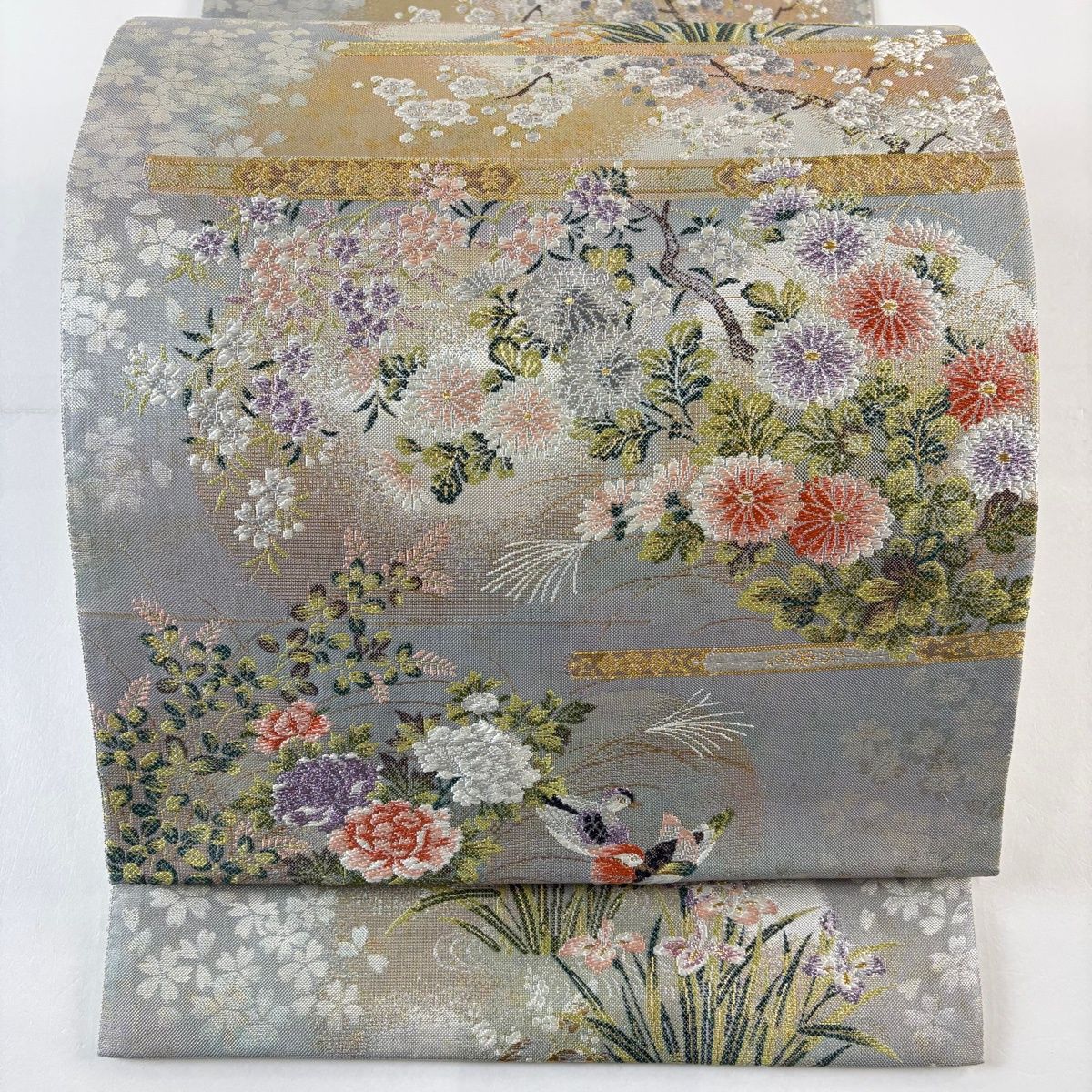 袋帯 美品 名品 やまと リバーシブル 桜 流水 金銀糸 ラメ箔 黒 六通 正絹