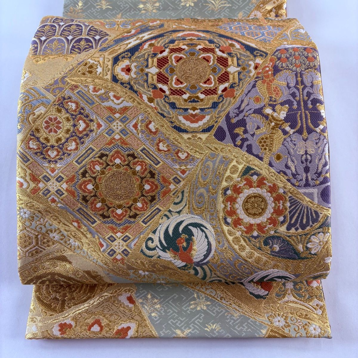 【美品】 袋帯 秀品 華文 狩猟紋 金糸 灰緑 全通 正絹 【】