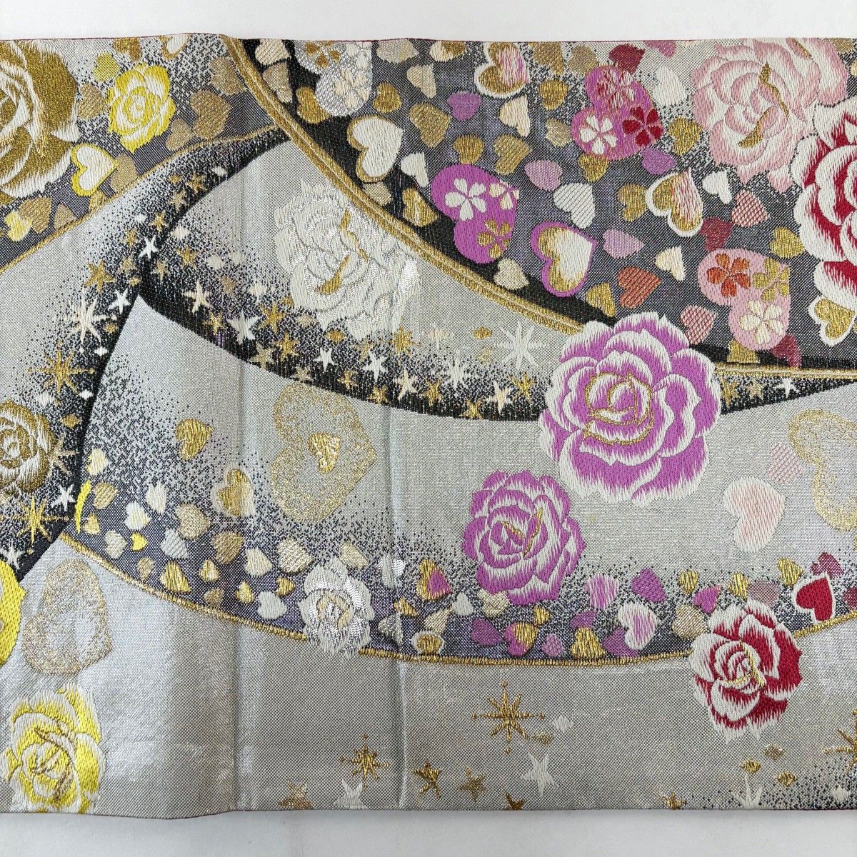 袋帯 秀品 薔薇 ハート 金糸 箔 灰白 六通 正絹 【】