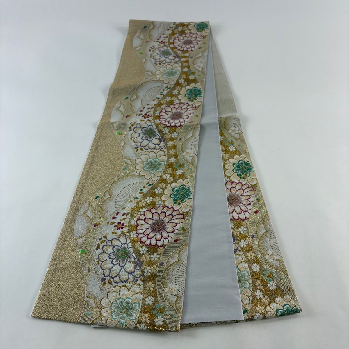 美品】 袋帯 秀品 鈴乃屋 菊 桜 金糸 箔 金色 六通 正絹 【中古
