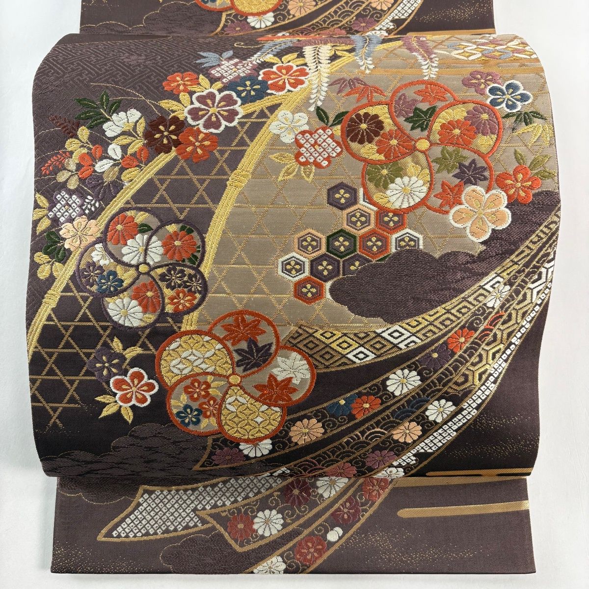 袋帯 秀品 吉祥桃山小袖 唐織 箔 茶紫 六通 正絹