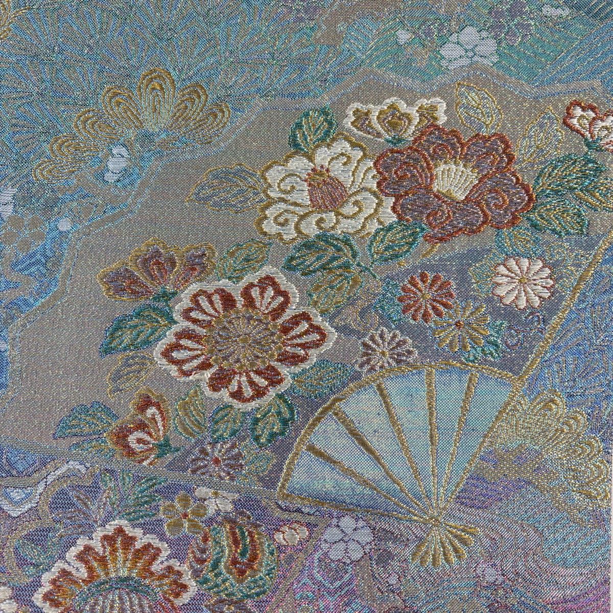 袋帯 秀品 証紙 陽文綴 翔美 扇 宝尽くし 金糸 箔 水色 六通 正絹