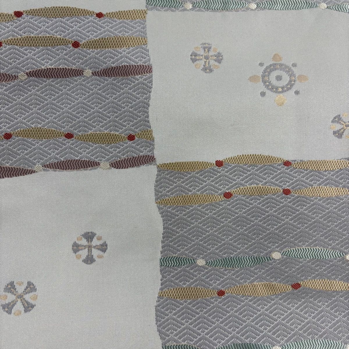 名古屋帯 秀品 変わり市松 幾何学 箔 青灰色 正絹