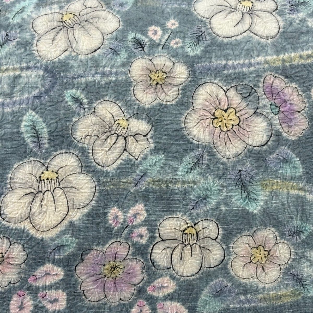 名古屋帯 秀品 紬地 草花 流水 絞り 灰緑 正絹