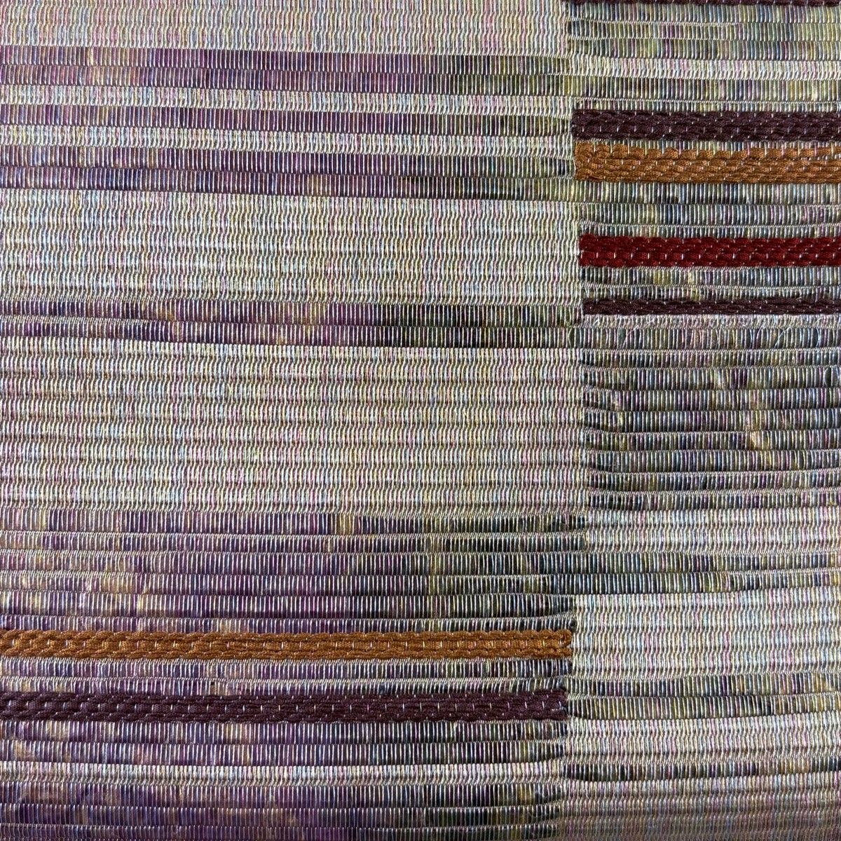 袋帯 秀品 縞 幾何学模様 金銀糸 茶緑色 六通 正絹
