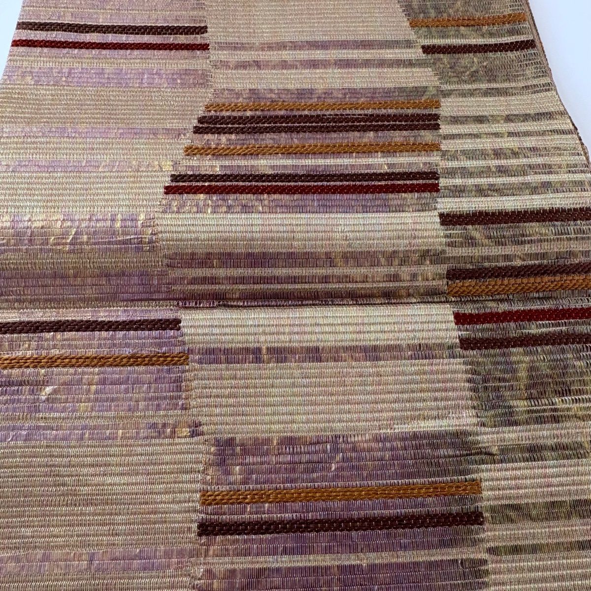 美品】 袋帯 秀品 縞 幾何学模様 金銀糸 茶緑色 六通 正絹 【中古