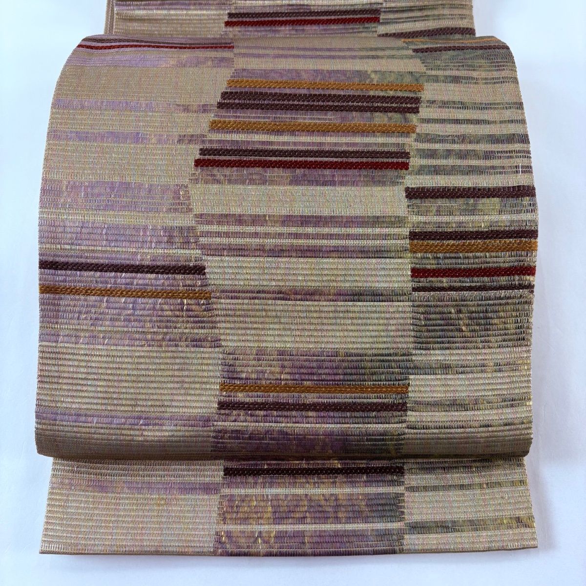 美品】 袋帯 秀品 縞 幾何学模様 金銀糸 茶緑色 六通 正絹 【中古