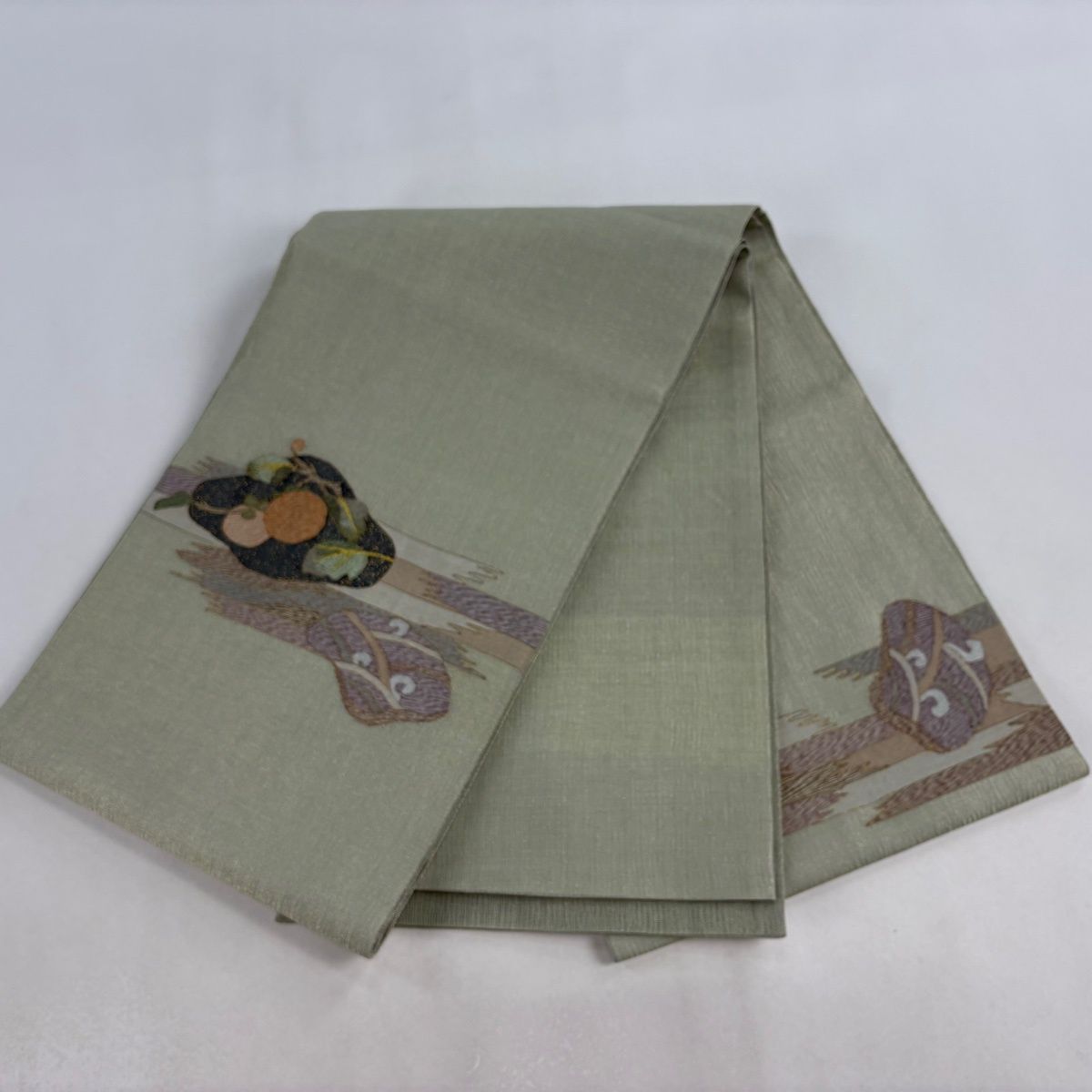  袋帯 秀品 葉と実 霞 金糸 薄緑 お太鼓柄 正絹 袋帯 帯
