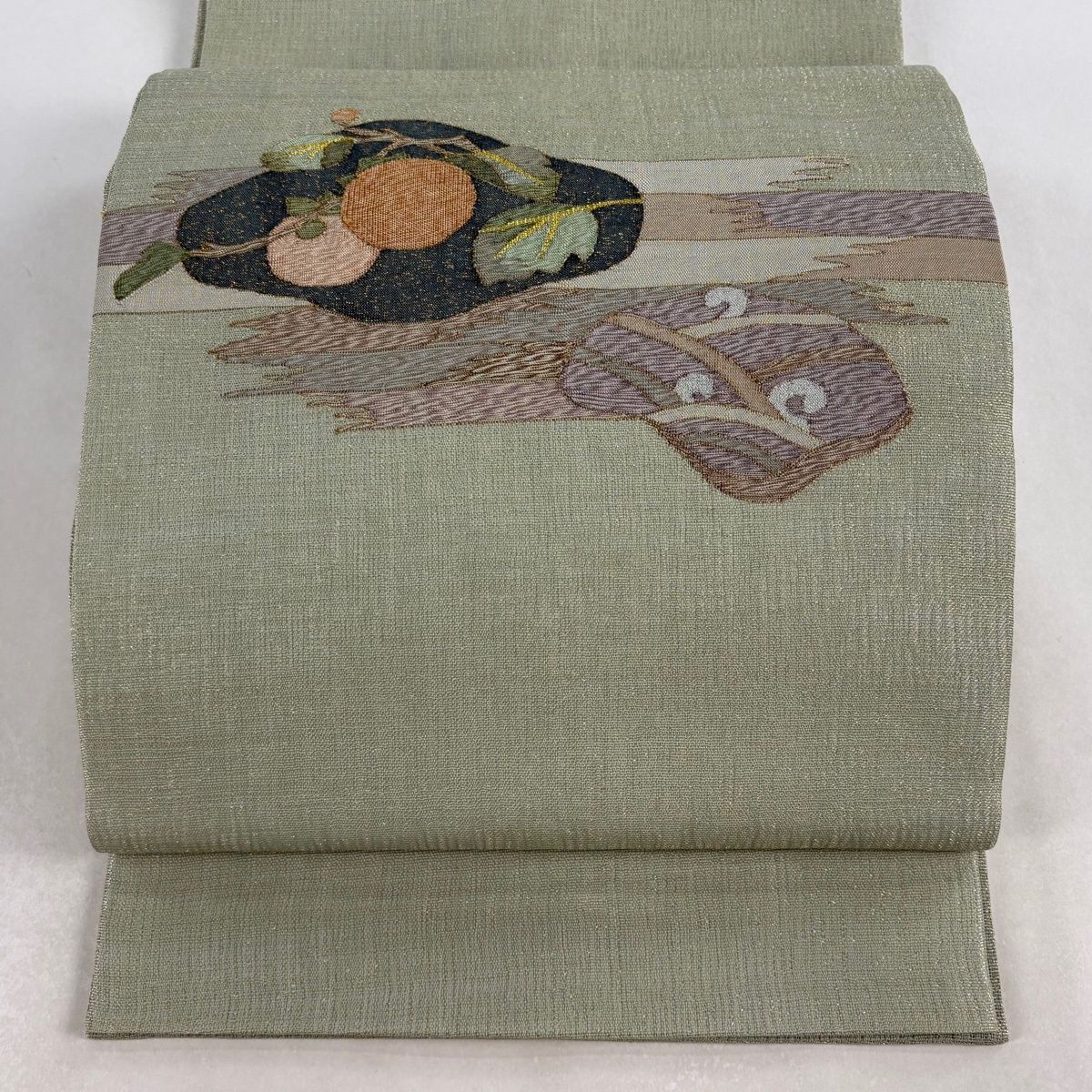 袋帯 秀品 葉と実 霞 金糸 薄緑 お太鼓柄 正絹