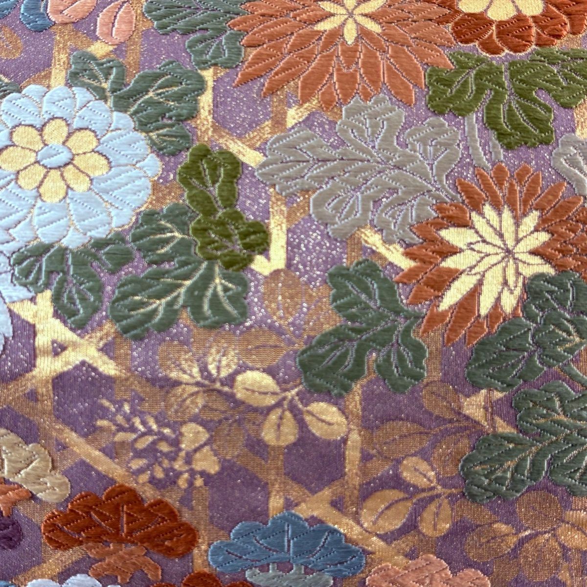 袋帯 秀品 秋草 籠目 唐織 箔 灰紫 六通 正絹