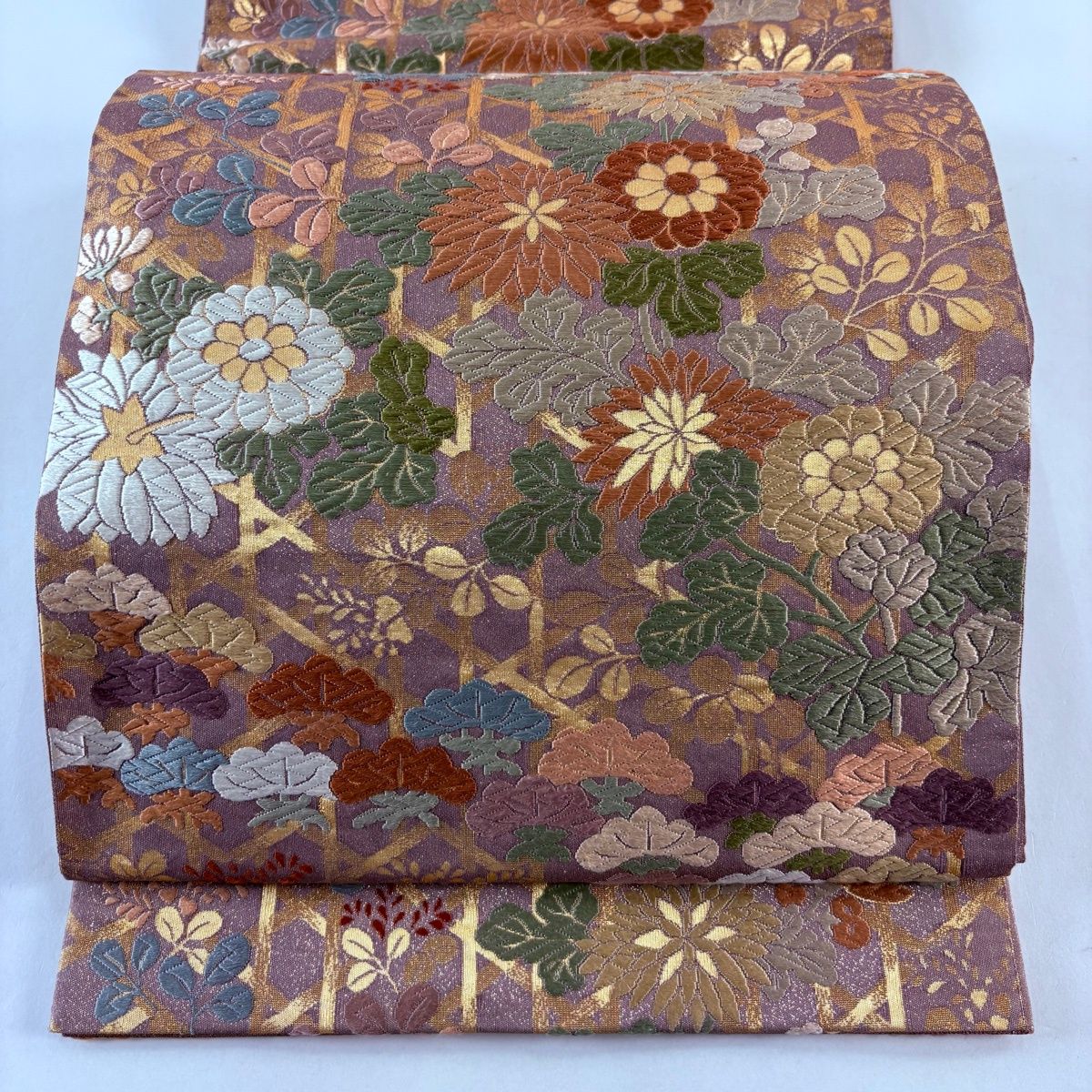 袋帯 秀品 秋草 籠目 唐織 箔 灰紫 六通 正絹