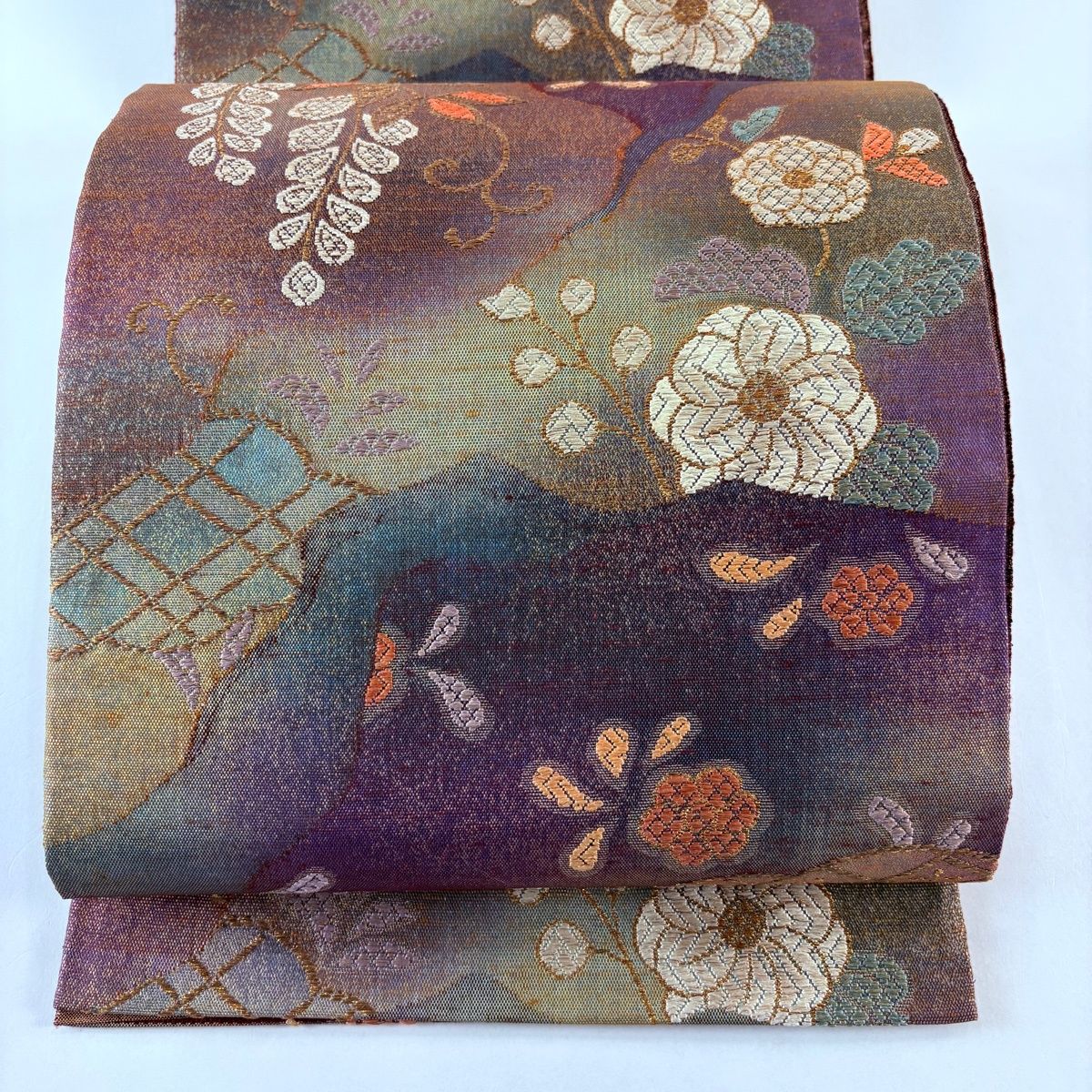 袋帯 秀品 辻ヶ花柄 雲文 唐織 金糸 紫 六通 正絹