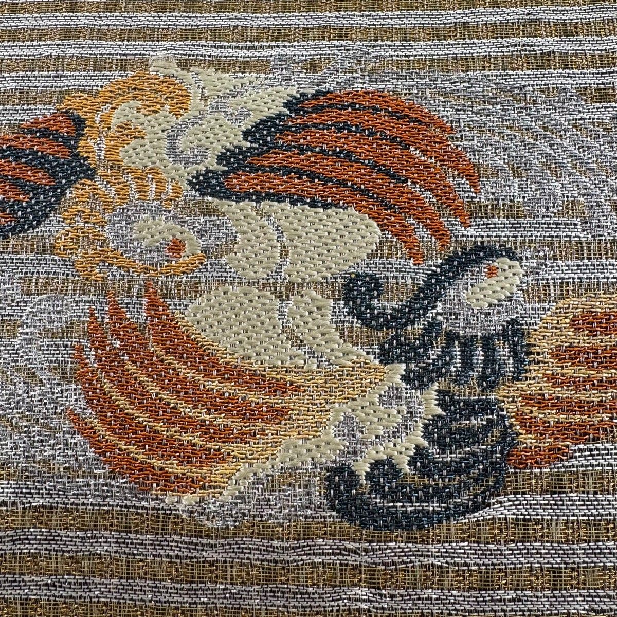 袋帯 名品 尾長鳥 丸文 金銀糸 ラメ糸 銀色 六通 正絹