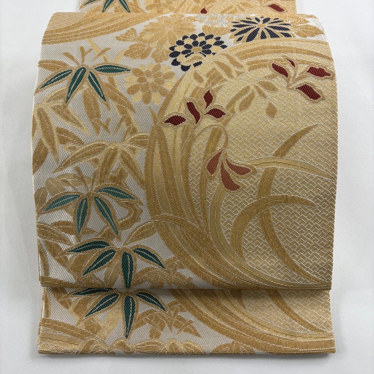 袋帯 花丸文 菊 金銀糸 輪奈織 クリーム 六通 正絹