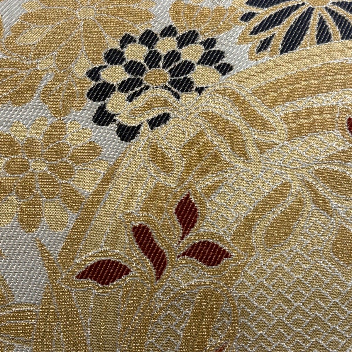 袋帯 花丸文 菊 金銀糸 輪奈織 クリーム 六通 正絹