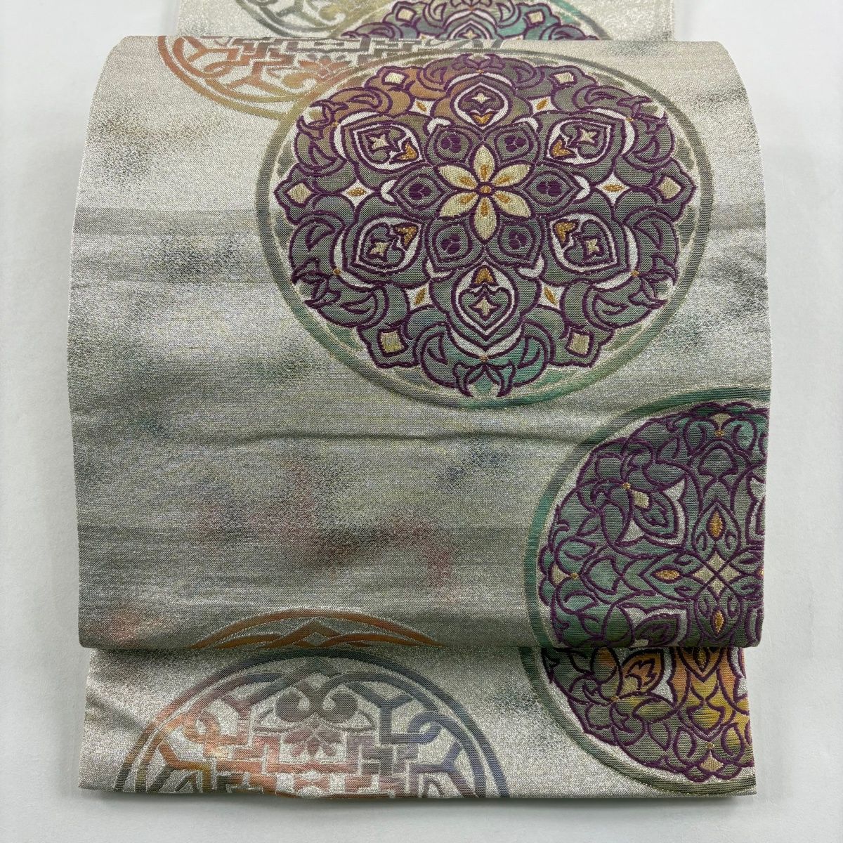 袋帯 帝王紫 落款 華文 金銀糸 箔 銀色 六通 正絹