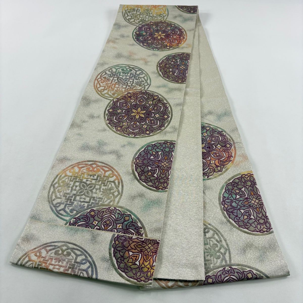 袋帯 名品 帝王紫 落款 華文 金銀糸 箔 銀色 六通 正絹 【中古