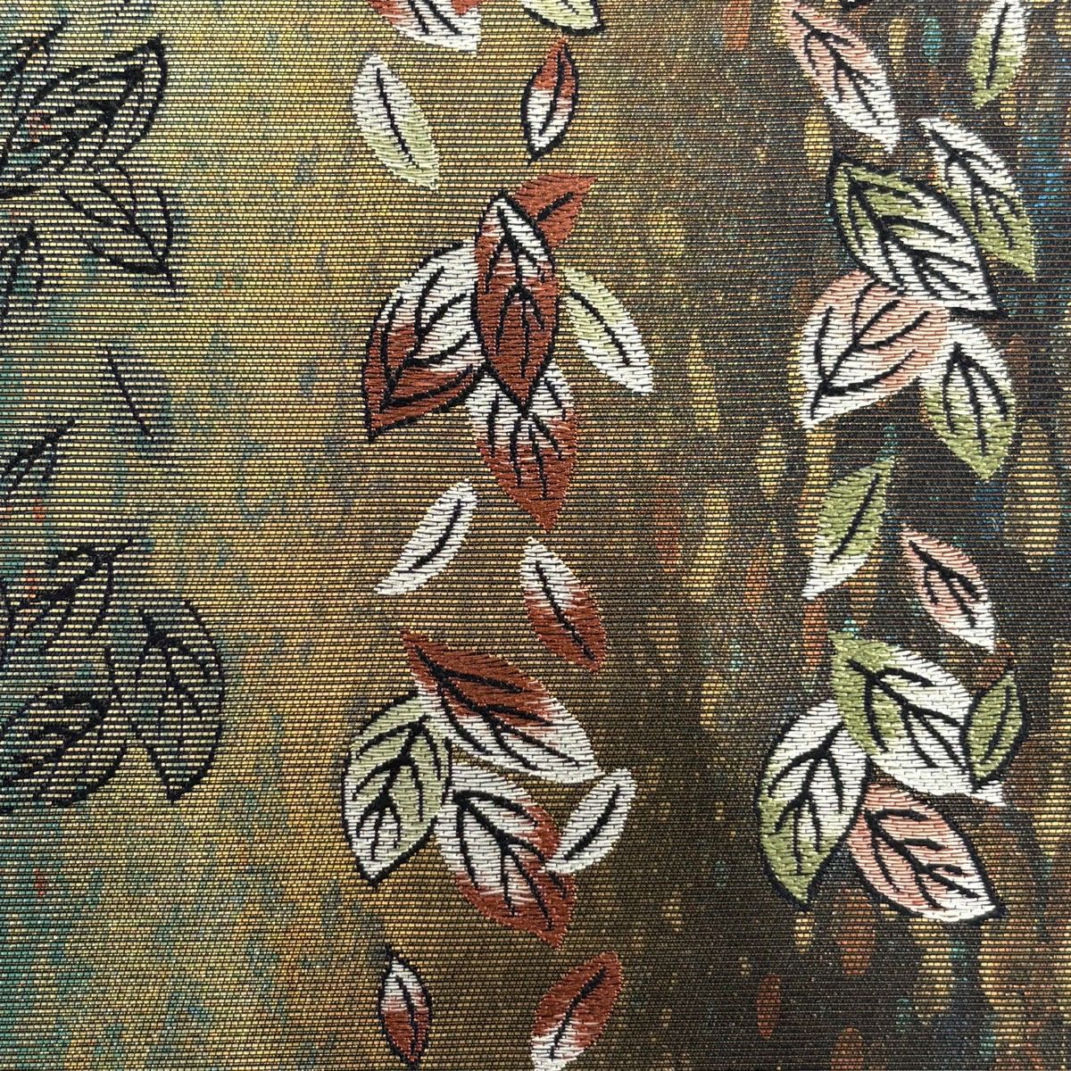 袋帯 名品 草野一騎 落款 葉柄 箔 茶緑色 六通 正絹