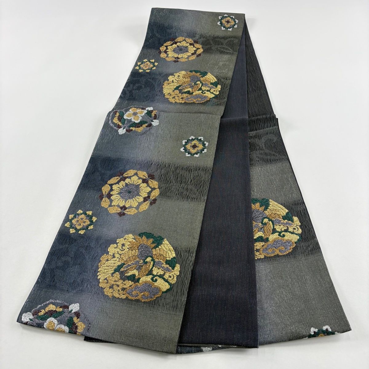  袋帯 鳥 華文 箔 銀糸 灰緑 六通 正絹 袋帯 帯