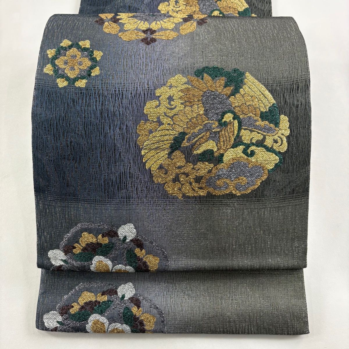袋帯 名品 鳥 華文 箔 銀糸 灰緑 六通 正絹