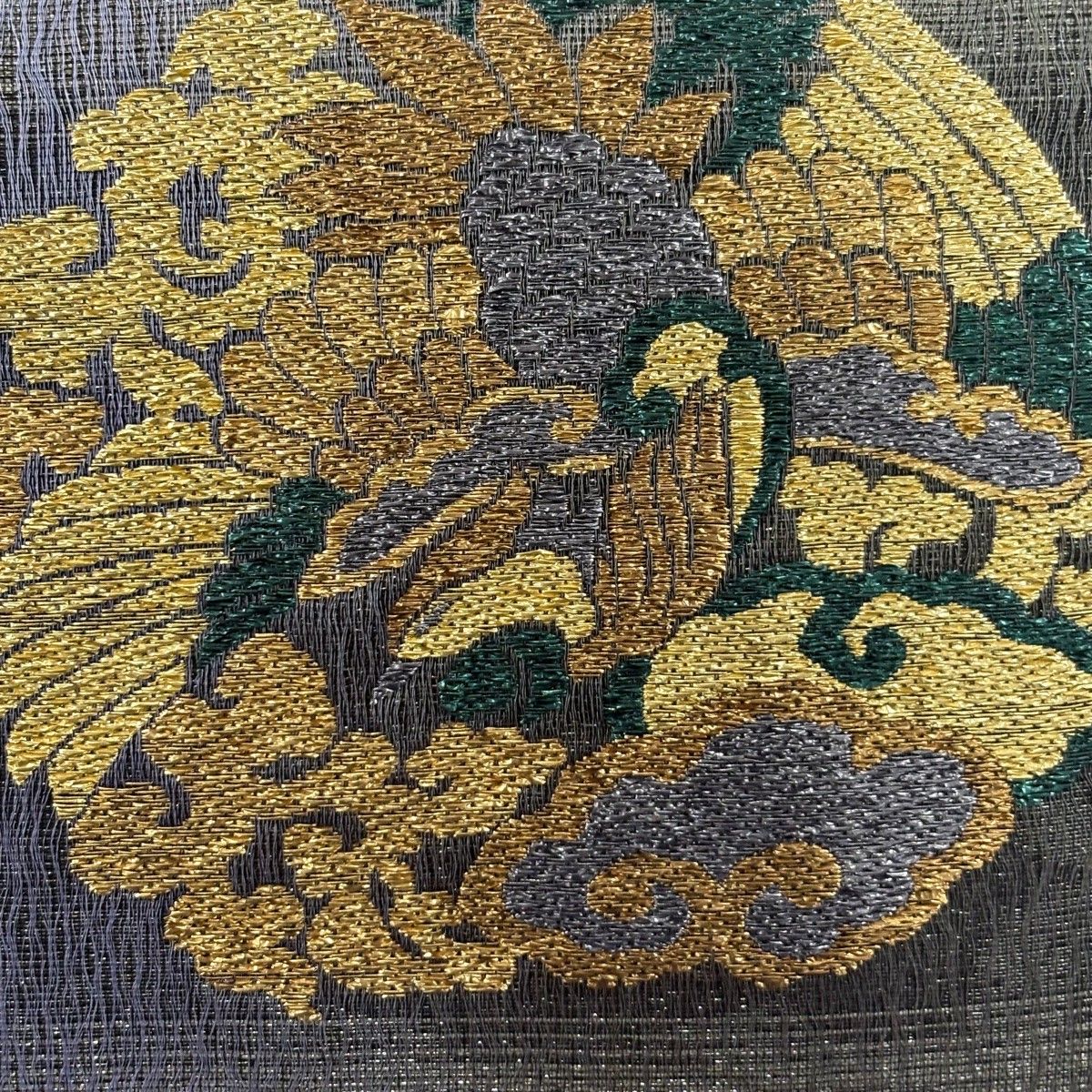 袋帯 鳥 華文 箔 銀糸 灰緑 六通 正絹