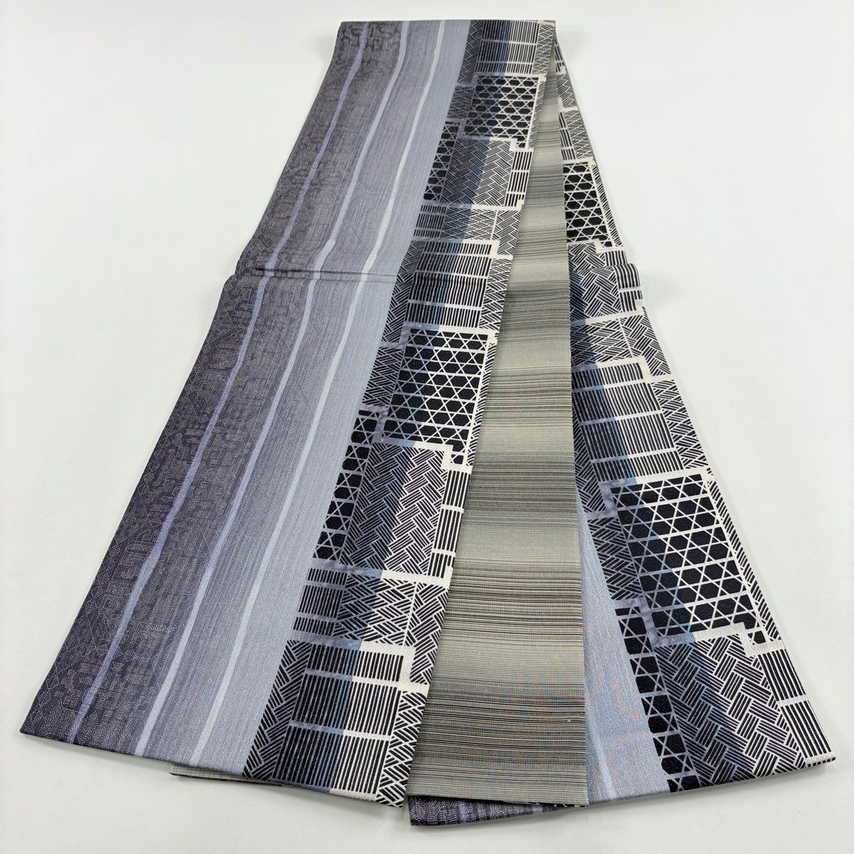 美品】 袋帯 名品 証紙 縞模様 籠目 銀通し 銀彩 灰紫 全通 正絹