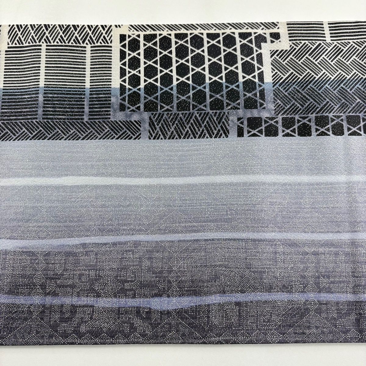 美品】 袋帯 名品 証紙 縞模様 籠目 銀通し 銀彩 灰紫 全通 正絹