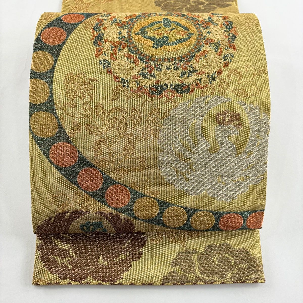 袋帯 名品 関西仕立て 鳥 草花 金銀糸 ラメ糸 金色 六通 正絹