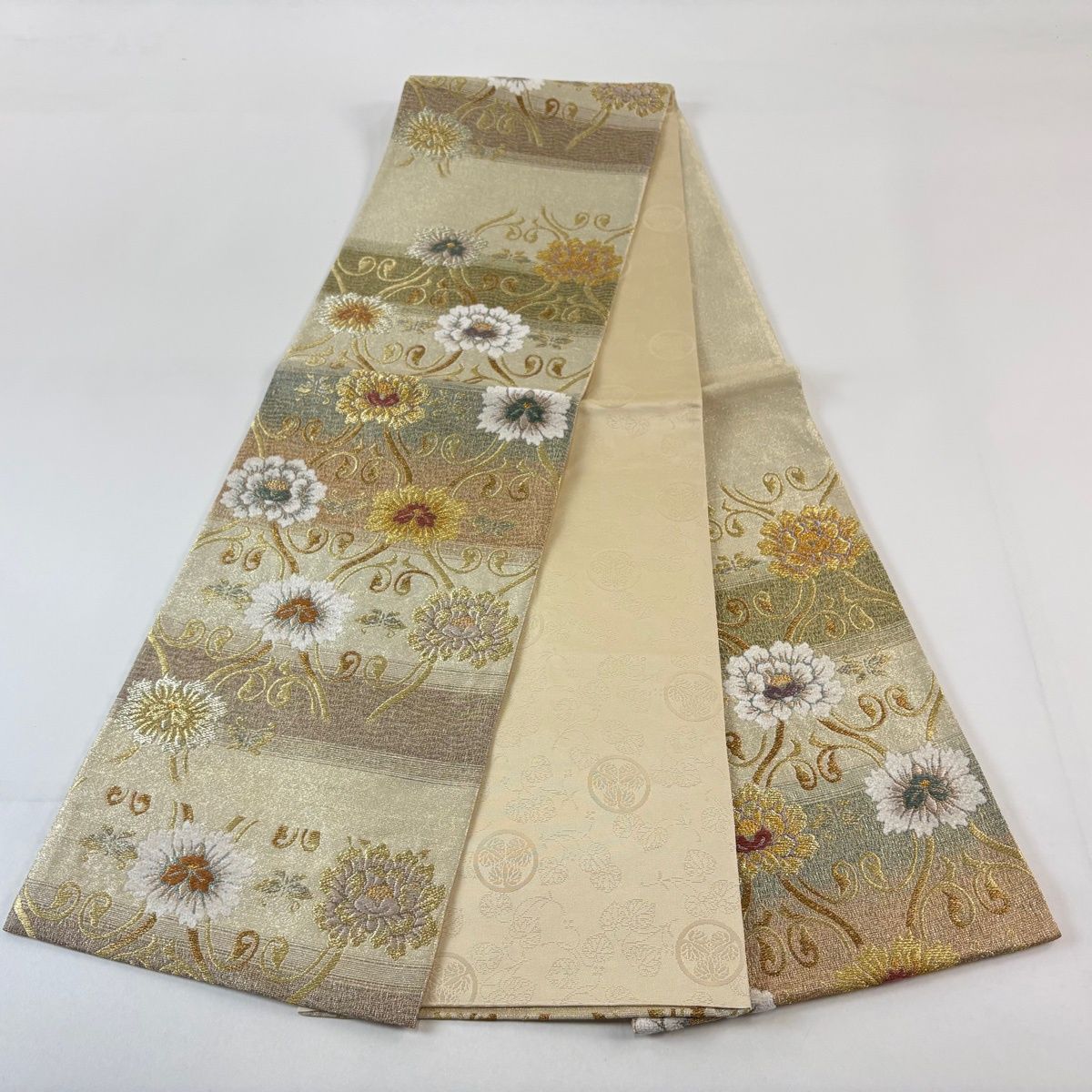  袋帯 花唐草 段縞 箔 金糸 金色 六通 正絹 袋帯 帯