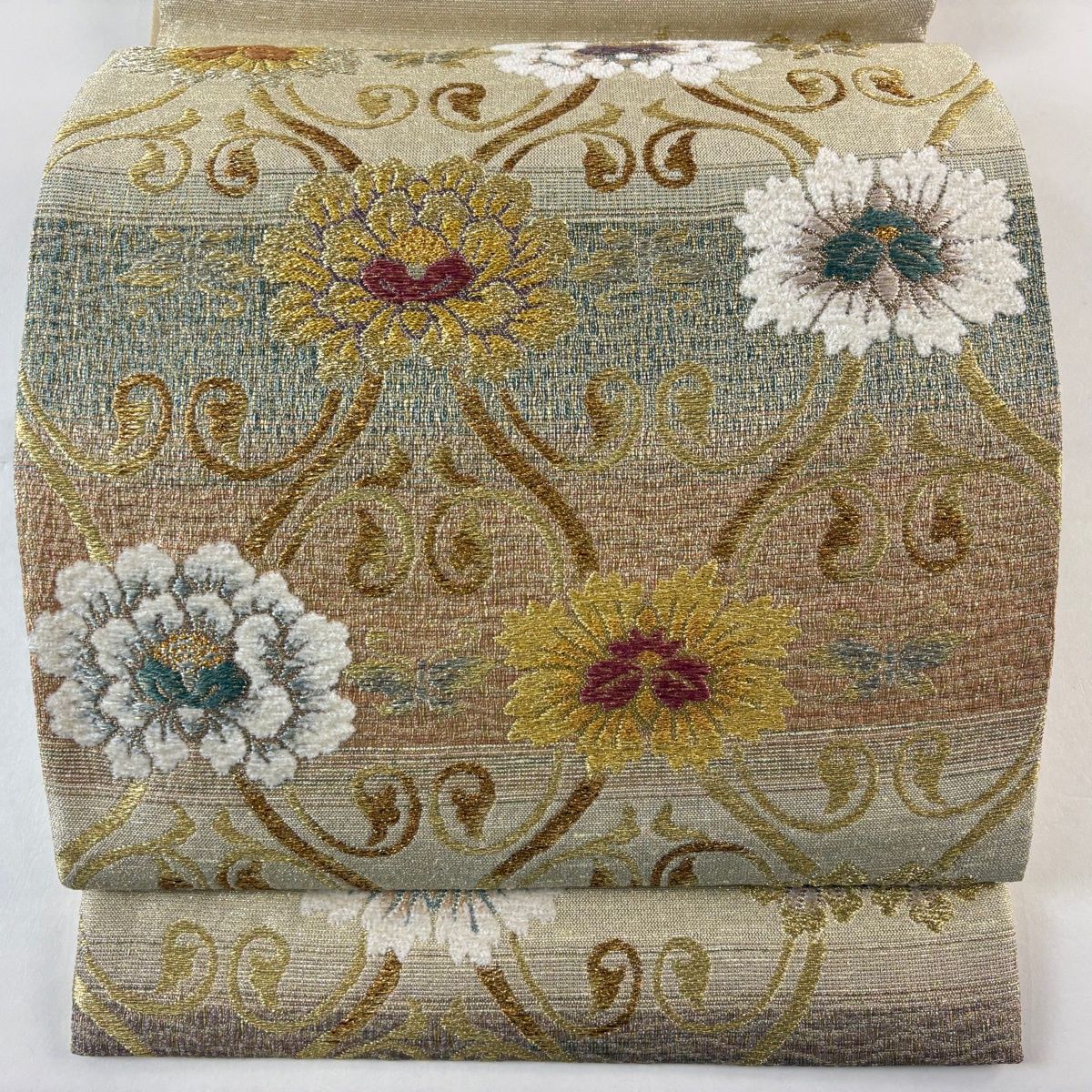 袋帯 花唐草 段縞 箔 金糸 金色 六通 正絹