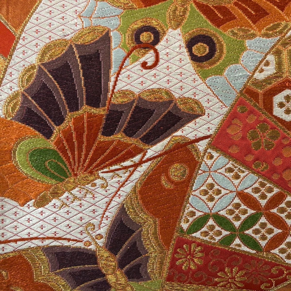 袋帯 河合美術織物 落款 菊唐草 蝶 箔 金糸 オレンジ 六通 正絹