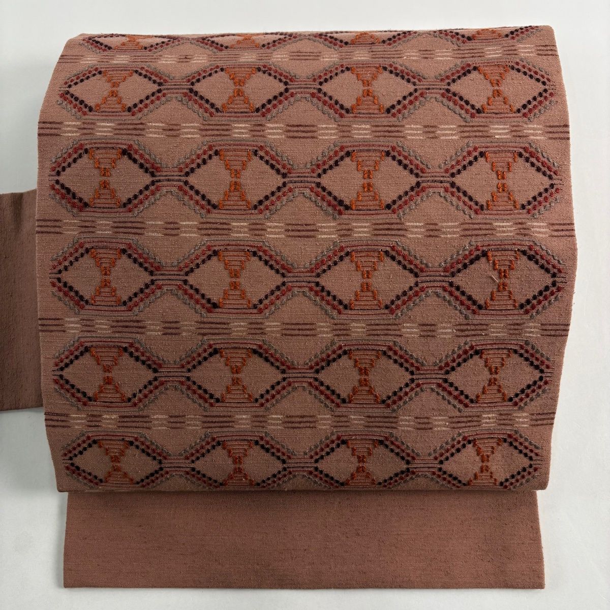 名古屋帯 幾何学模様 縞 ピンクベージュ 正絹