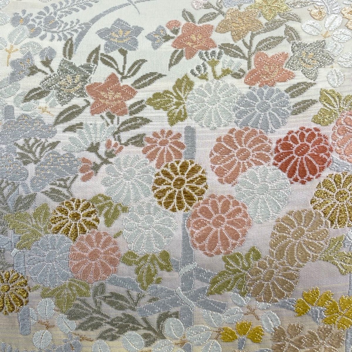 袋帯 名品 秋草 花菱 箔 金銀糸 ベージュ 六通 正絹