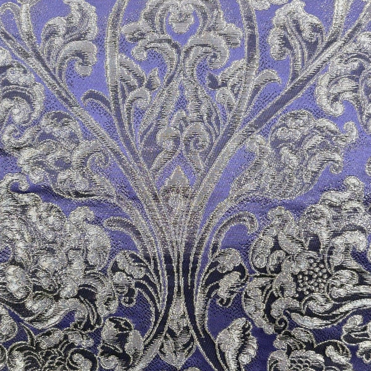 袋帯 じゅらく 落款 瑞鳳唐花文 花唐草 草花 箔 銀糸 青紫 六通 正絹