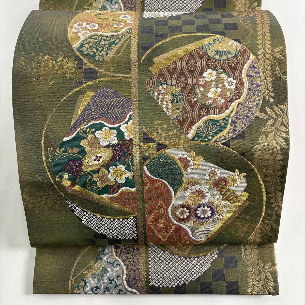 袋帯 証紙 藤娘 丸文 草花 箔 金糸 茶緑色 六通 正絹