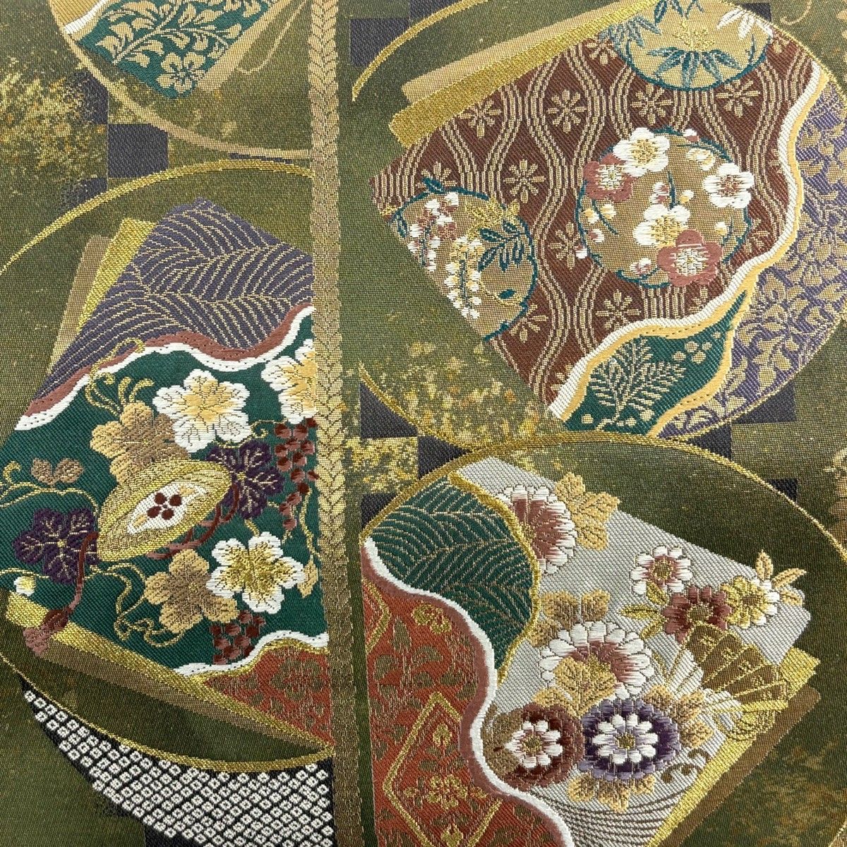 袋帯 証紙 藤娘 丸文 草花 箔 金糸 茶緑色 六通 正絹